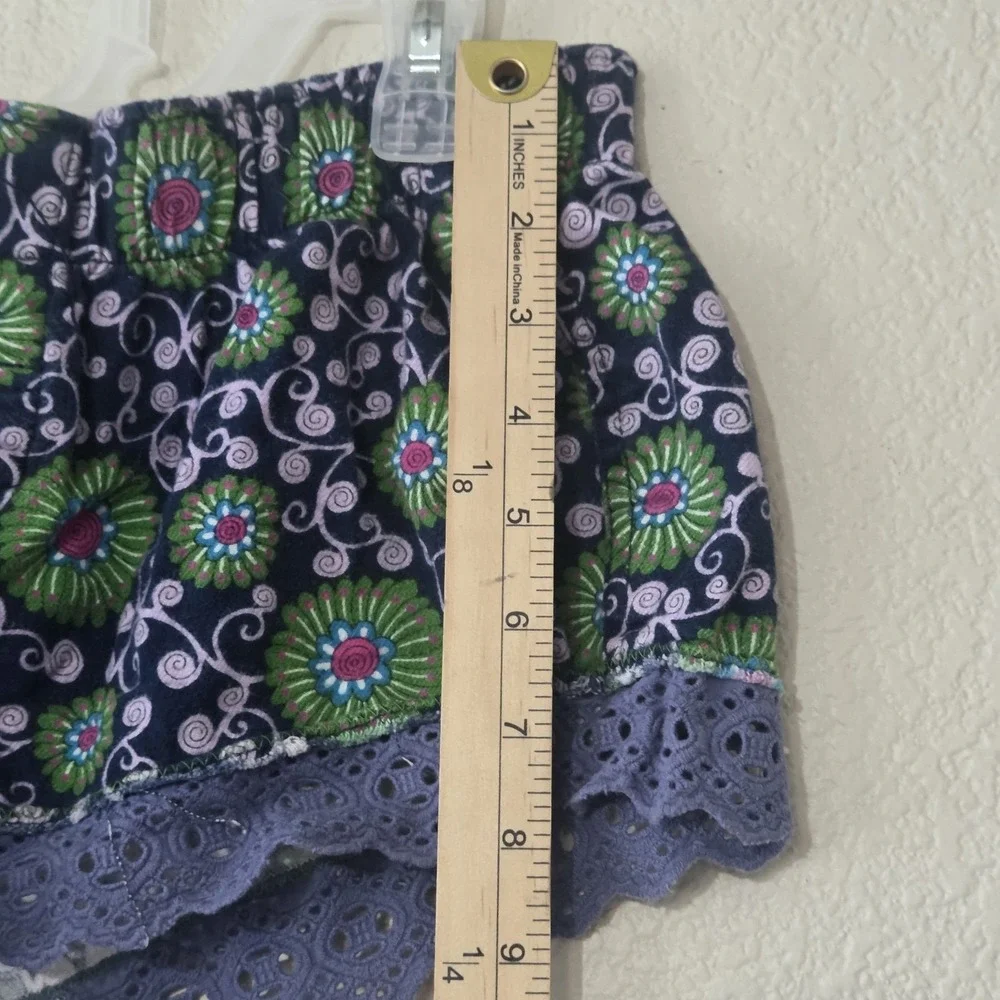 Free People Floral Paisley Green Blue Micro Shorts Eyelet Lace Elastic Band Sz S